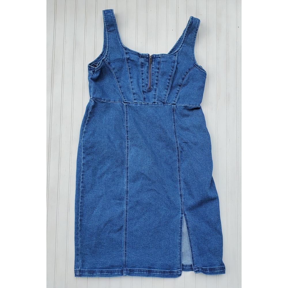 Intempo Denim Mini Dress Womens XXL Blue Jean Sleeveless Zip Front Slit Corset